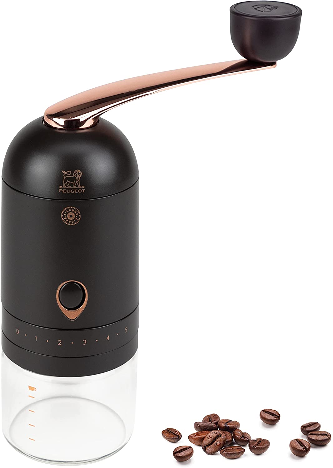 Peugeot 36706 Manual Coffee Grinder with U\'Select Grinding System with Dosing Spoon and Brush, Height 20 cm, Borosilicate Glass / Steel, Brown