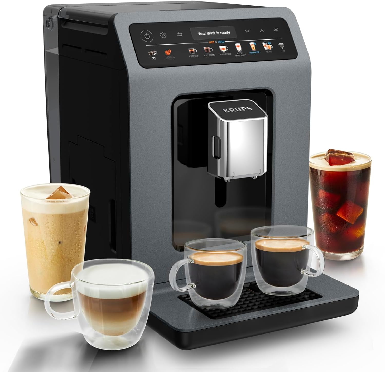 Krups Evidence Hot & Cold Fully Automatic Coffee Machine, 18 Drinks Specialities, Hot and Cold Drinks, One-Touch Cappuccino, Milk System, Automatic Care Cycle, Fast Warm-up Time, EA898GF0