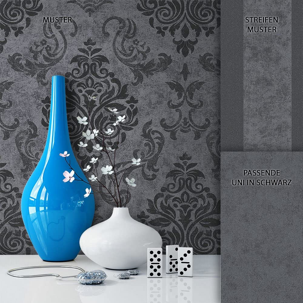 Newroom Design Newroom Baroque Wallpaper Black Non-Woven Grey Baroque Modern Natural Beaut