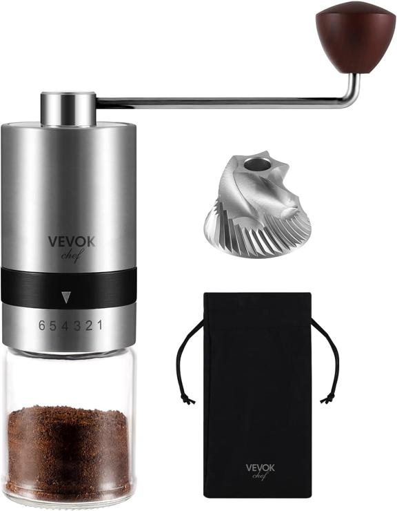 vevouk Vevok Chef Manual Coffee Grinder with 6 Adjustable Settings, Stainless Steel Burr, Portable Stainless Steel Crank, Manual Sustainable Coffee Grinder for Office, Camping, Travel, Gifts