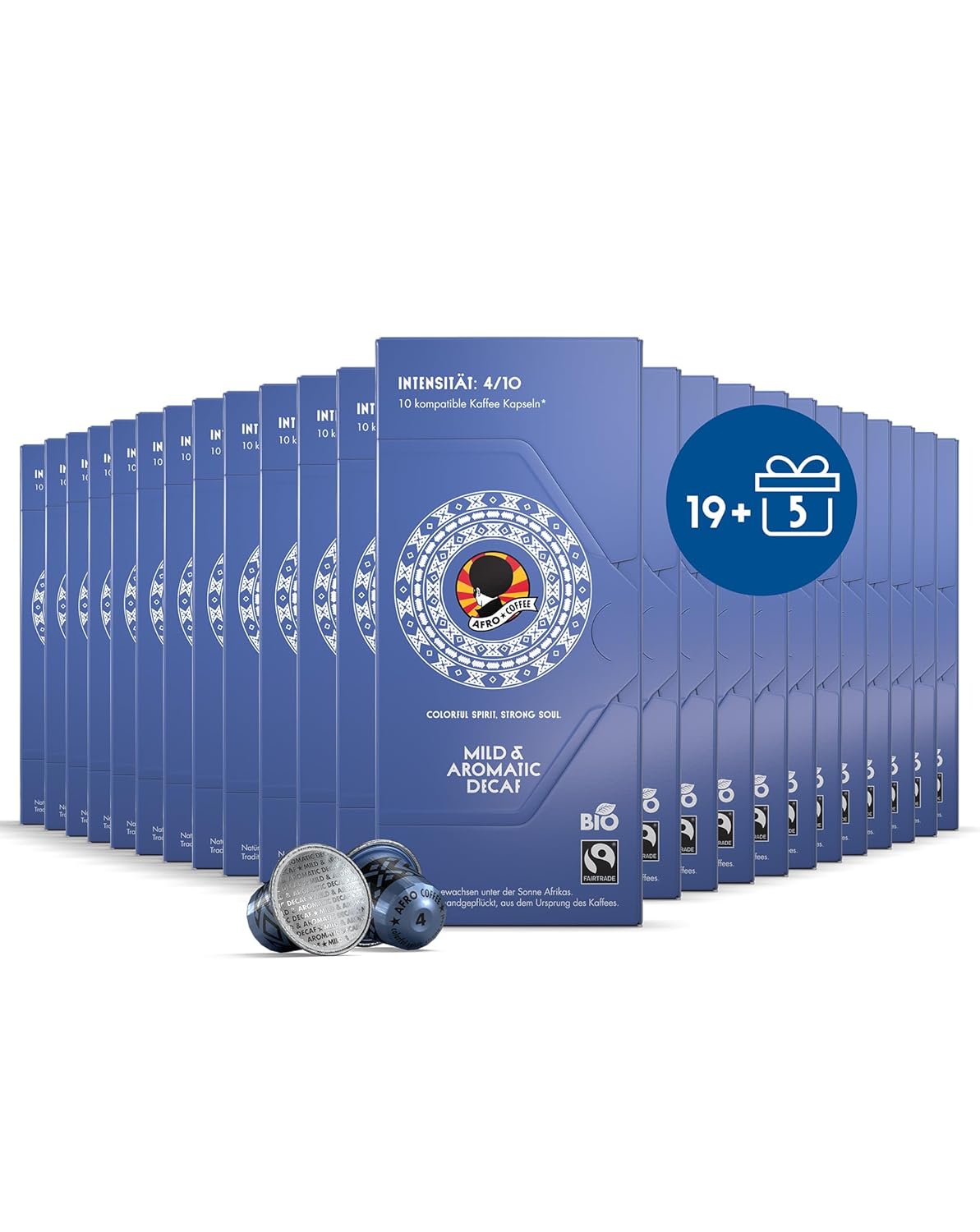 AFRO COFFEE Mild & Aromatic Decaf Organic I Offer 19+5 I 240 Premium Coffee Capsules Fairtrade I Arabica Beans Decaffeinated I in Compatible Coffee Capsules I East Africa I Medium Roasted & Low Acid