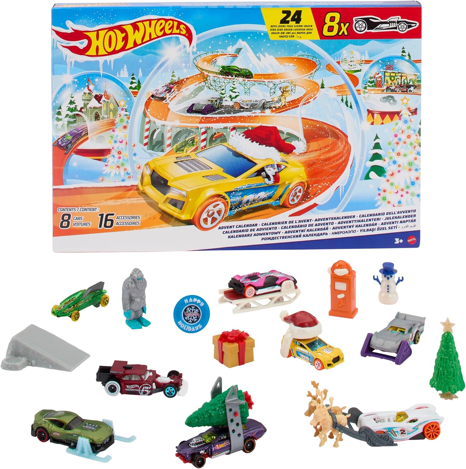 Hot Wheels Toy Cars, Advent Calendar 2024, 8 Hot Wheels Cars in Scale 1:64, Behind 24 Numbered Doors Hide 16 Winter Accessories and a Play Mat, HTG00