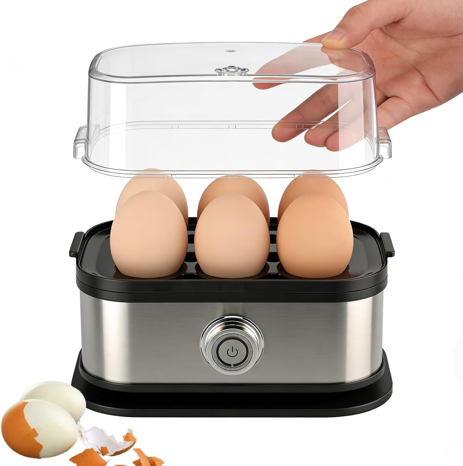 Cozary Stainless Steel Egg Cooker, Egg Cooker, 6 Eggs, 400 Watt, Precise Preparation Thanks to Hardness Adjustment, Continuous Cooking Level, Steamer, Beep, Indicator Light