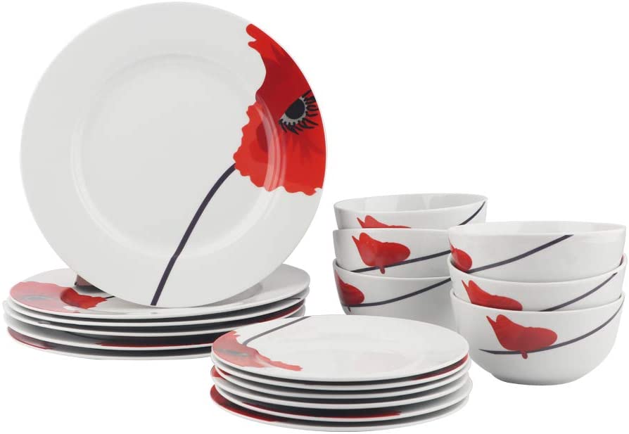 AmazonBasics 18-Piece Dinner Set for 6 People, Poppy