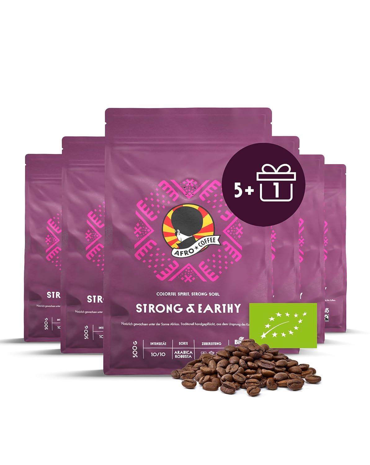 AFRO COFFEE Strong & Earthy I 5+1 Offer 500 g Premium Organic Coffee Beans Fairtrade I Arabica & Robusta Beans I Bean Coffee from East Africa with Nutty Note I Hand Picked, Dark Roasted, Low Acid
