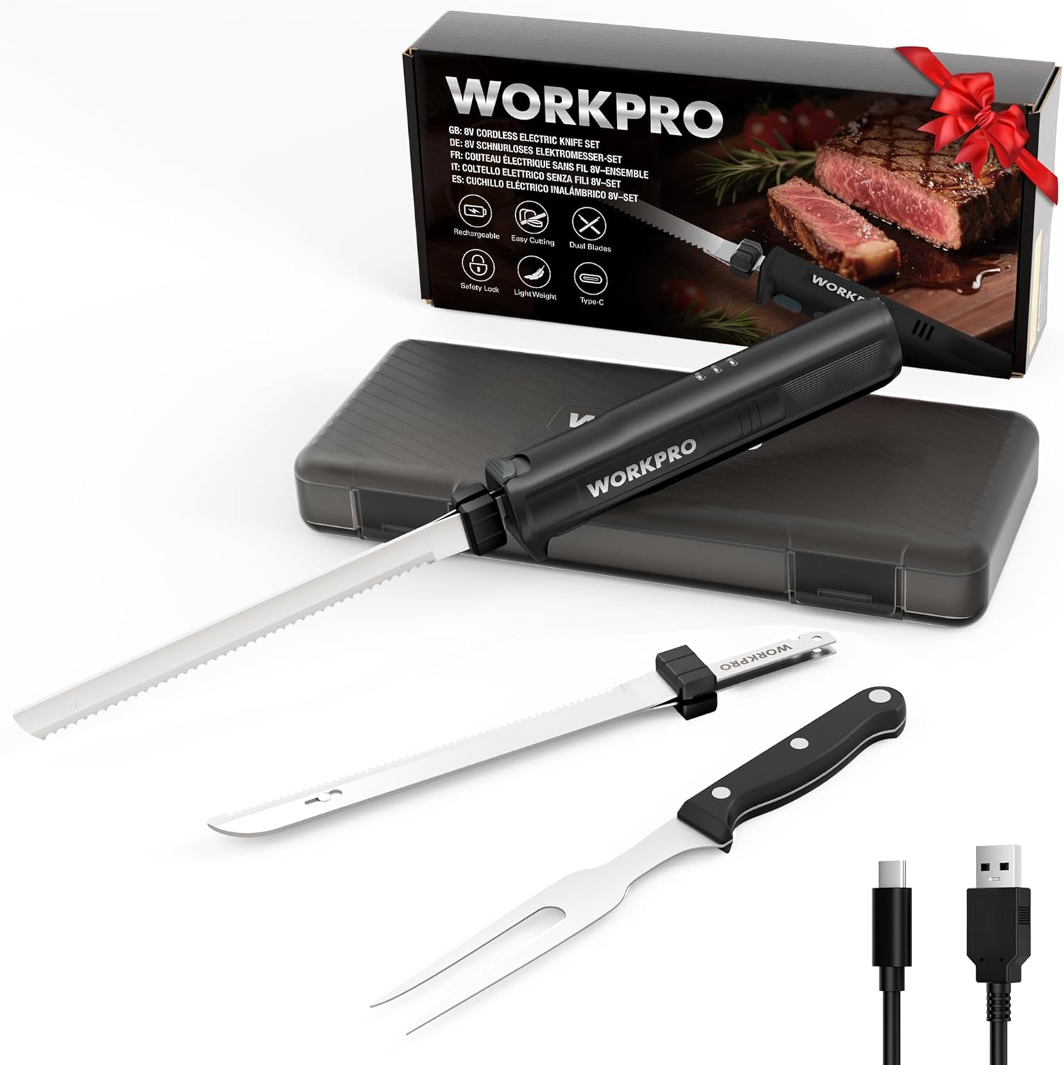WORKPRO Electric Knife 8 V, Wireless Kitchen Knife with 2 Stainless Steel Blades, Electric Knife with Fork, 2000 mAh Battery for Precise Cutting of Bread, Meat, with Storage Box, Black