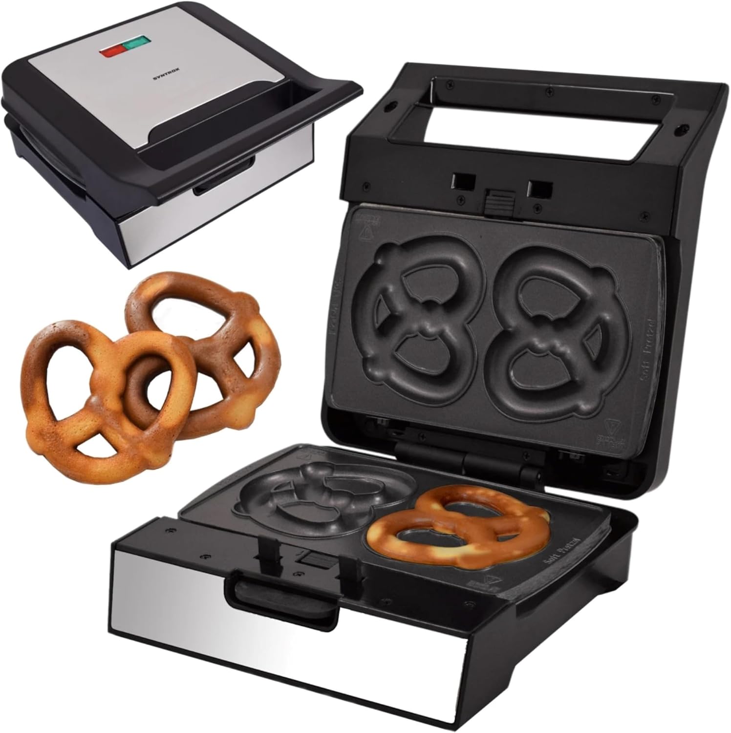 Syntrox Germany Syntrox Pretzel Maker with Removable Plates, 1400 Watt, Stainless Steel, Fast Heating, Non-Stick Coating, Various Removable Plates, Multifunctional Device