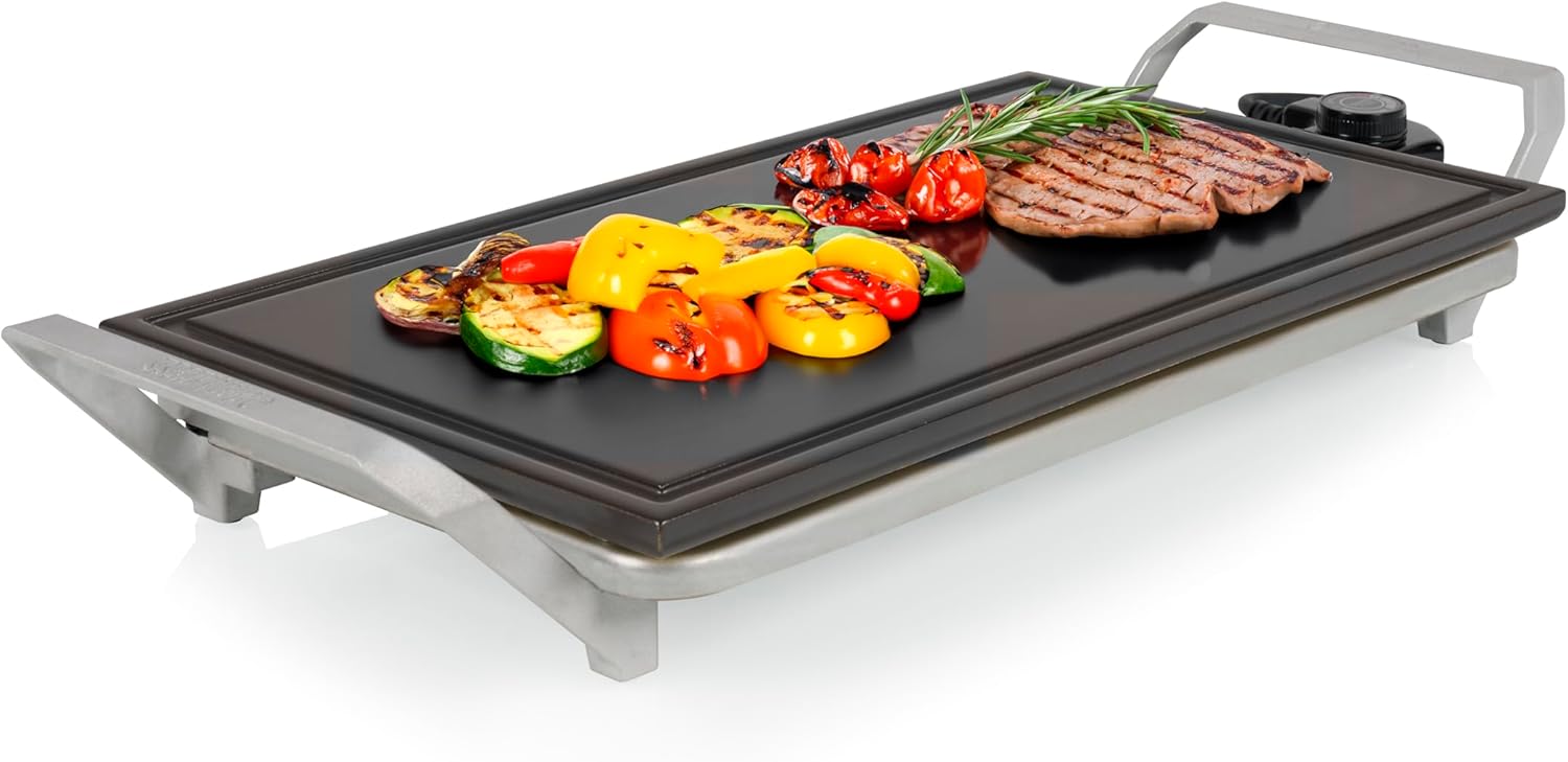 Princess Table Chef Premium Stone Grill - Extra Large Grill Surface 46 x 26 cm - Ceramic Grill Plate - PFAS-Free - Adjustable Thermostat - Includes 4 Wooden Spatulas - 103150
