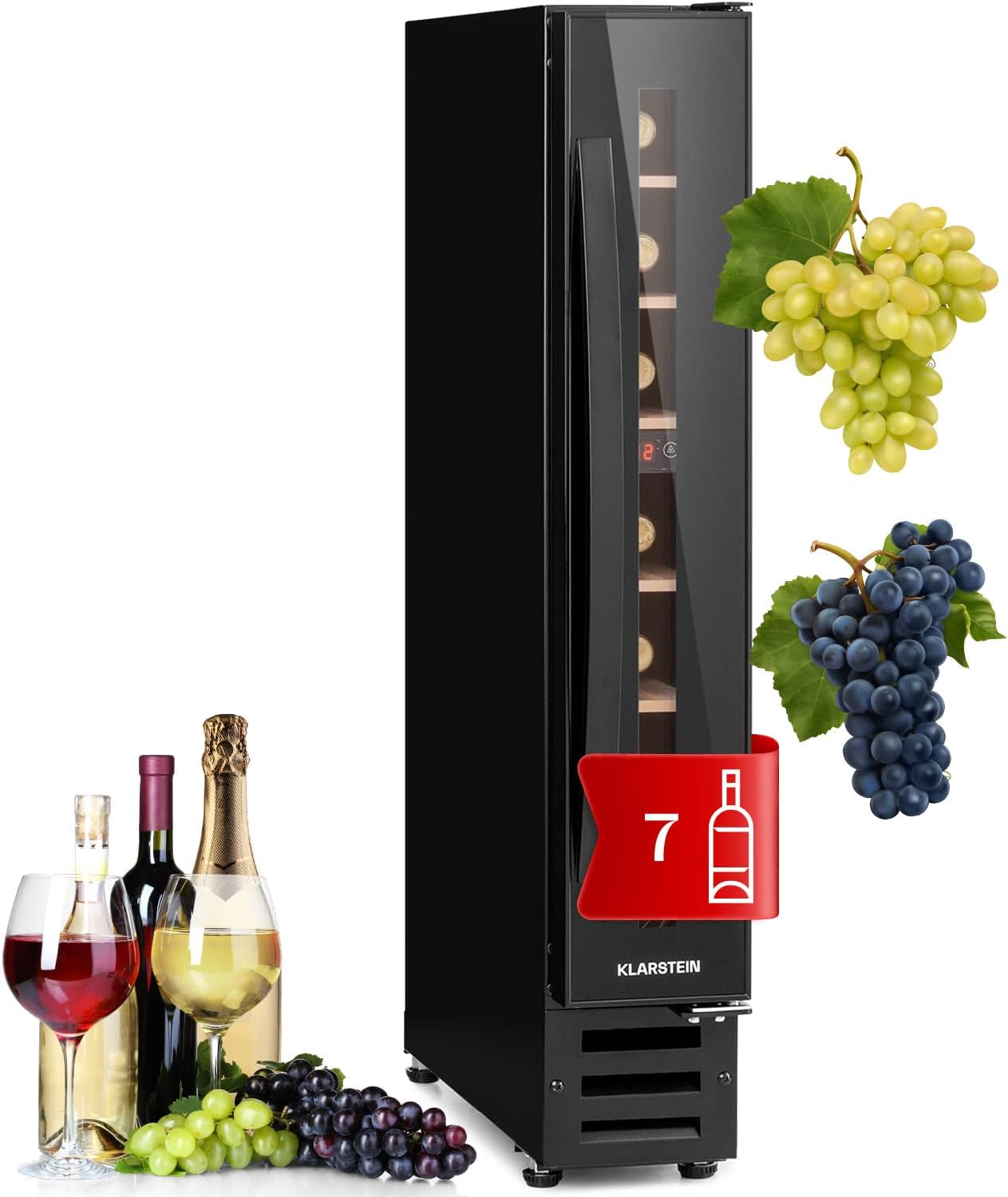 Klarstein Vinovilla Wine Fridge, 1-Zone Drinks Refrigerator, Slim, Quiet Fridge with Glass Door, Bottle Refrigerator, Small, Wine Cabinet for Drinks, Wine Cooler 5-22°C, 20 L, 7 Bottles, Onyx