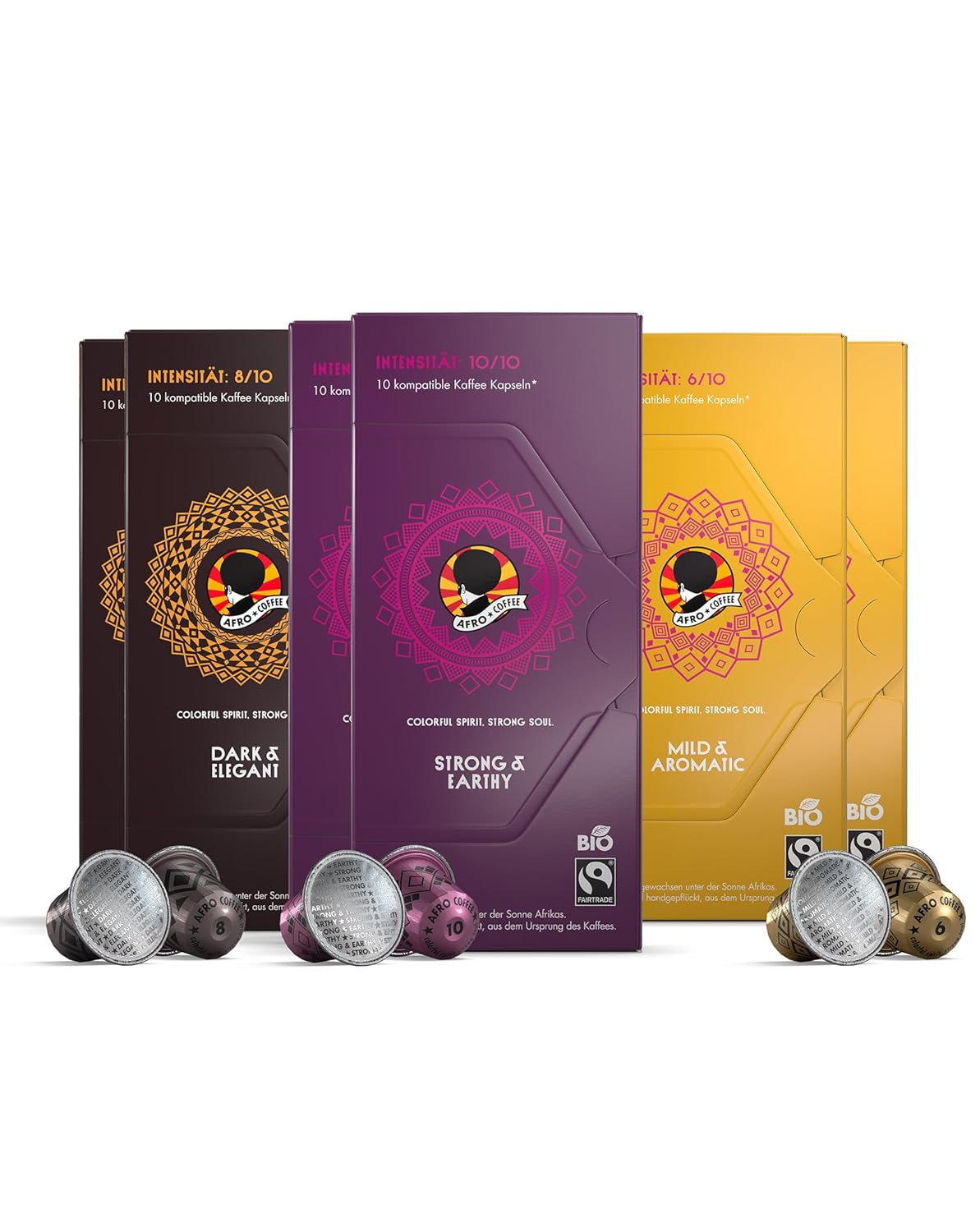 AFRO COFFEE 60 Coffee Capsules Tasting Set, 3 Varieties, Premium Coffee Capsules, Organic Fairtrade, Arabica and Robusta Capsules, in Compatible Coffee Capsules, East Africa Coffee, Hand-Picked and