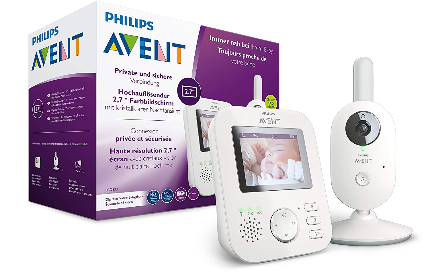 Philips AVENT SCD833/26 Video Baby Monitor with Camera, Day and Night Vision, High Range, Eco Mode, with FHSS Technology, 10 Hours Battery Life, White