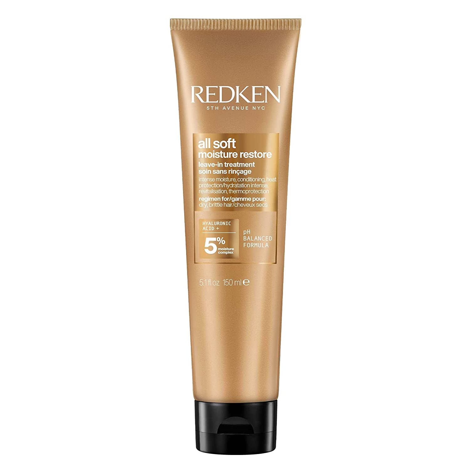 Redken Hair Mask with Hyaluronic for Dry Hair, Anti-Frizz and Heat Protection up to 230 °C, All Soft Moisture Restore Leave-In Mask, 1 x 150 ml