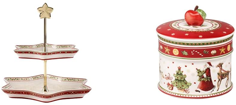 Villeroy & Boch Villeroy und Boch Winter Bakery Delight \"Ilex\" Cake Stand, Premium Porcelain, White/Red/Beige & Winter Bakery Delight Small Storage Jar for Pastries, Premium Porcelain, Multi-Coloured