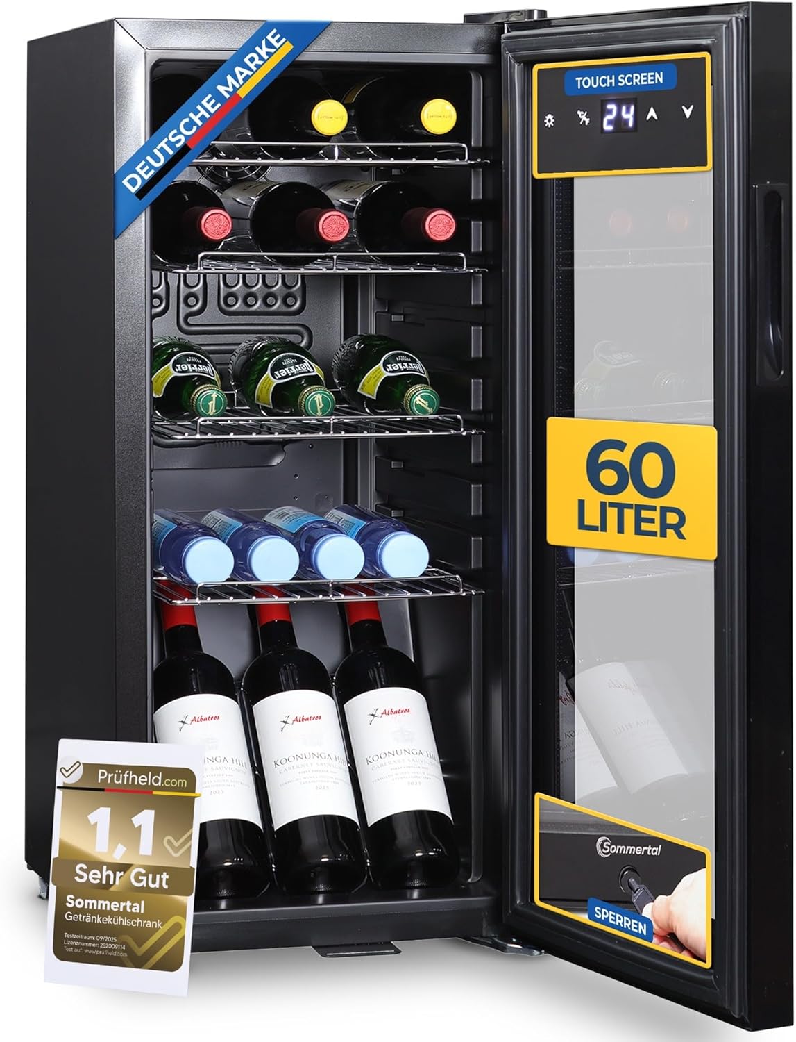 Fridge with Glass Door GK60 - Quiet Drinks Fridge with LED, Touchscreen & Lock Small Bottle Fridge Black 60L