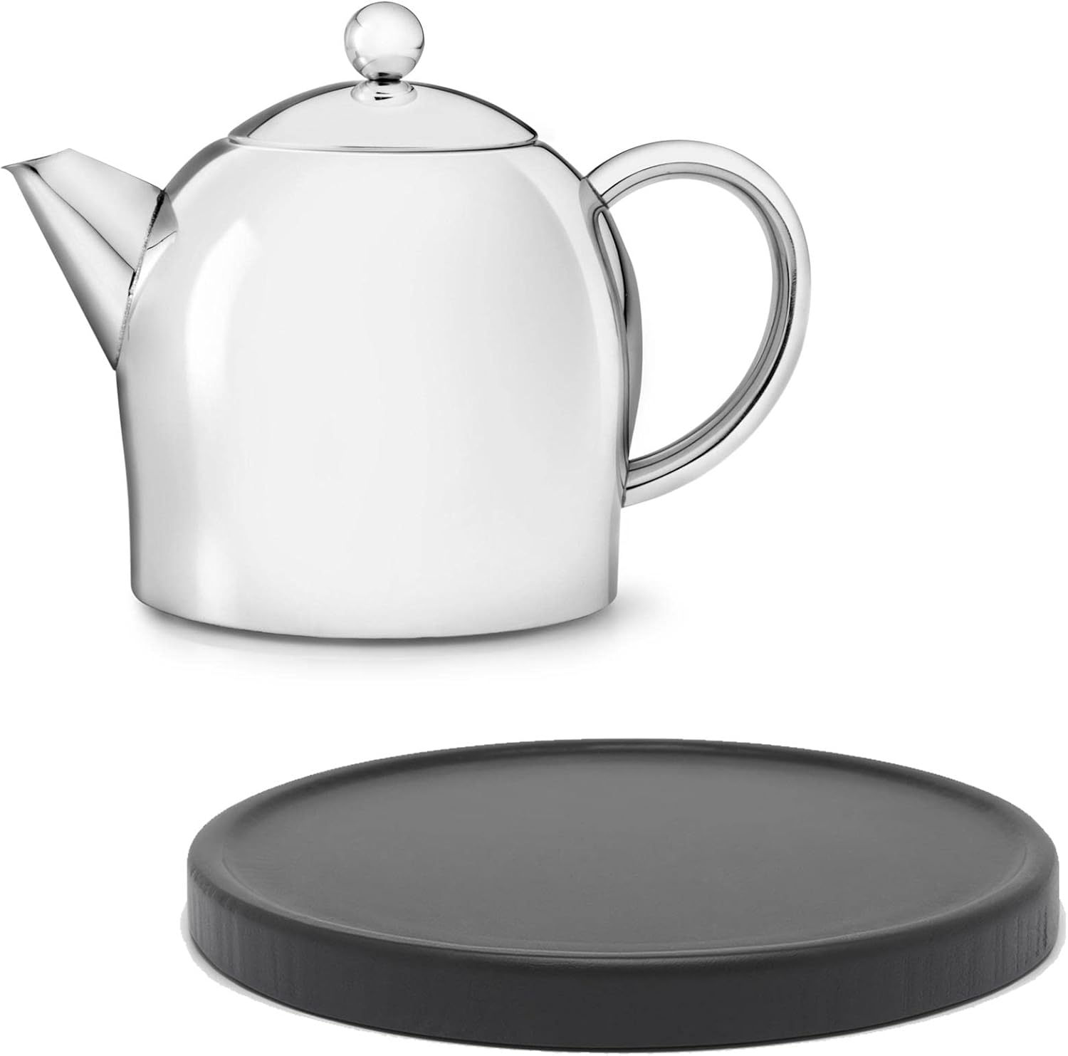 Small Shiny Double-Walled Stainless Steel Teapot 0.5 Litres & Tea Maker without Filter & Black Wooden Coaster