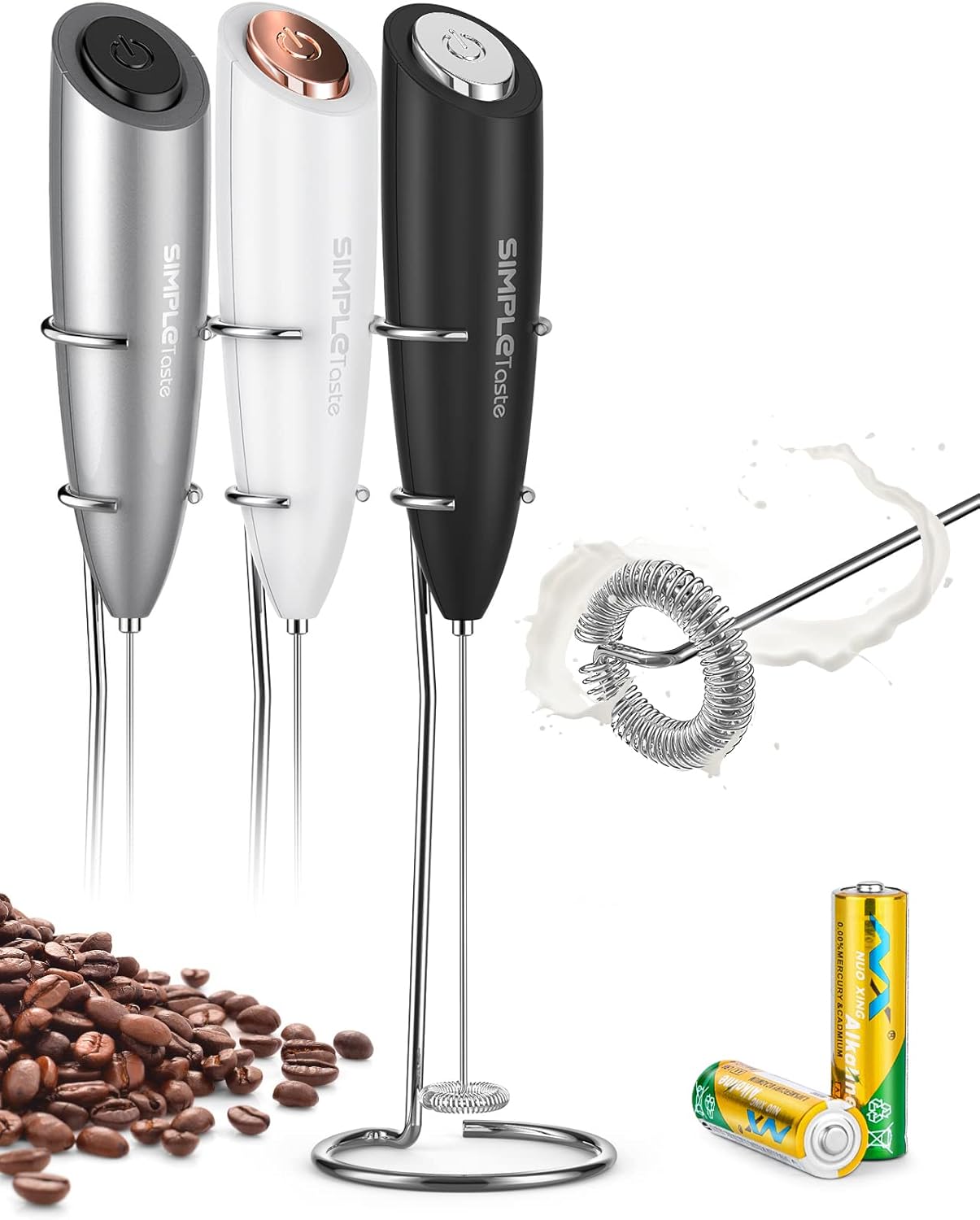 SIMPLETASTE Electric Milk Frother, Handheld Foam Maker with 2 Batteries and Stick, Milk Frother for Cappuccino, Bulletproof Coffee, Latte