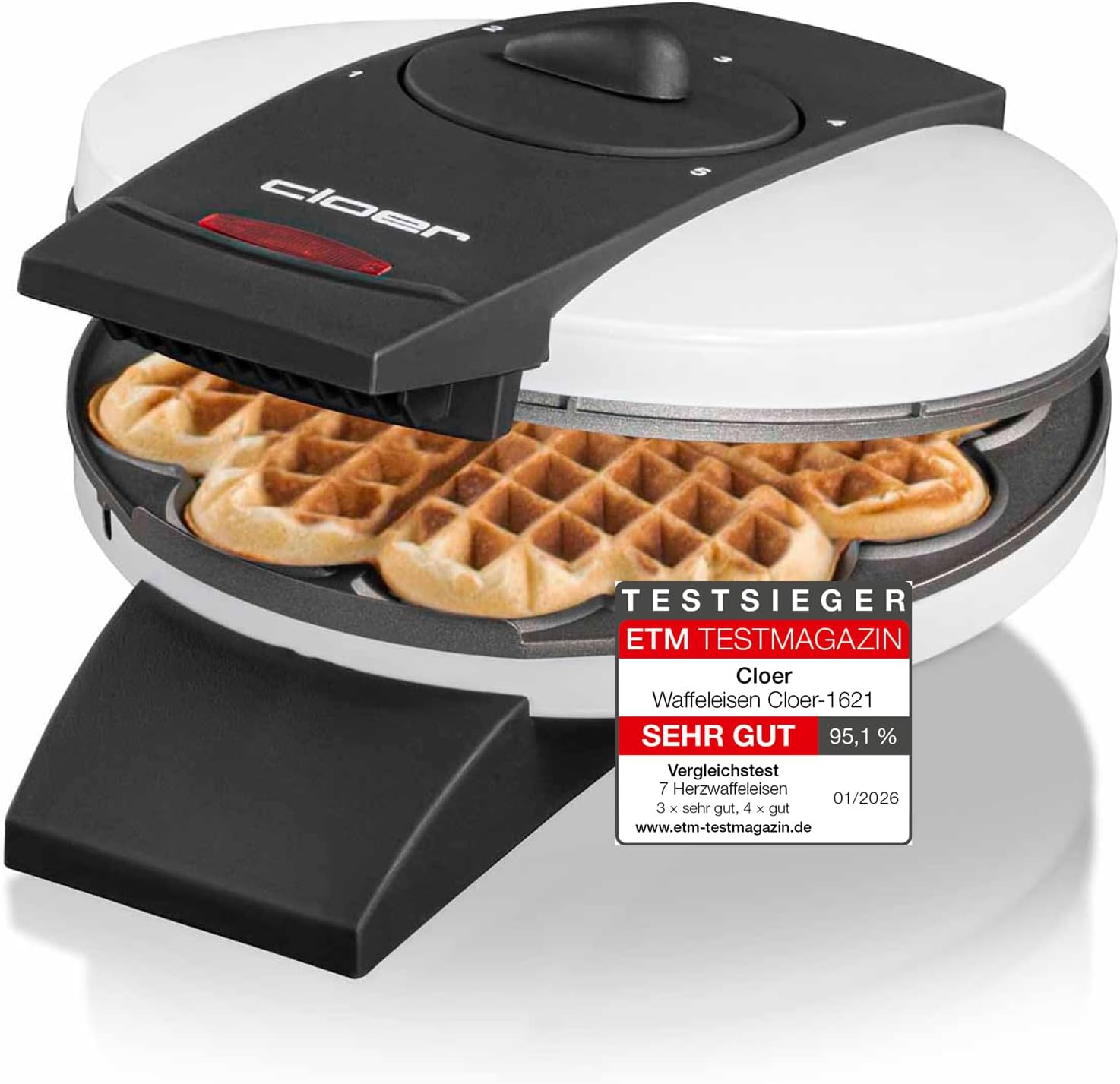 cloer 1621 waffle machine for classic heart-shaped waffles / 930 W / waffle size 15.5 cm / continuously adjustable degree of browning / white, metal