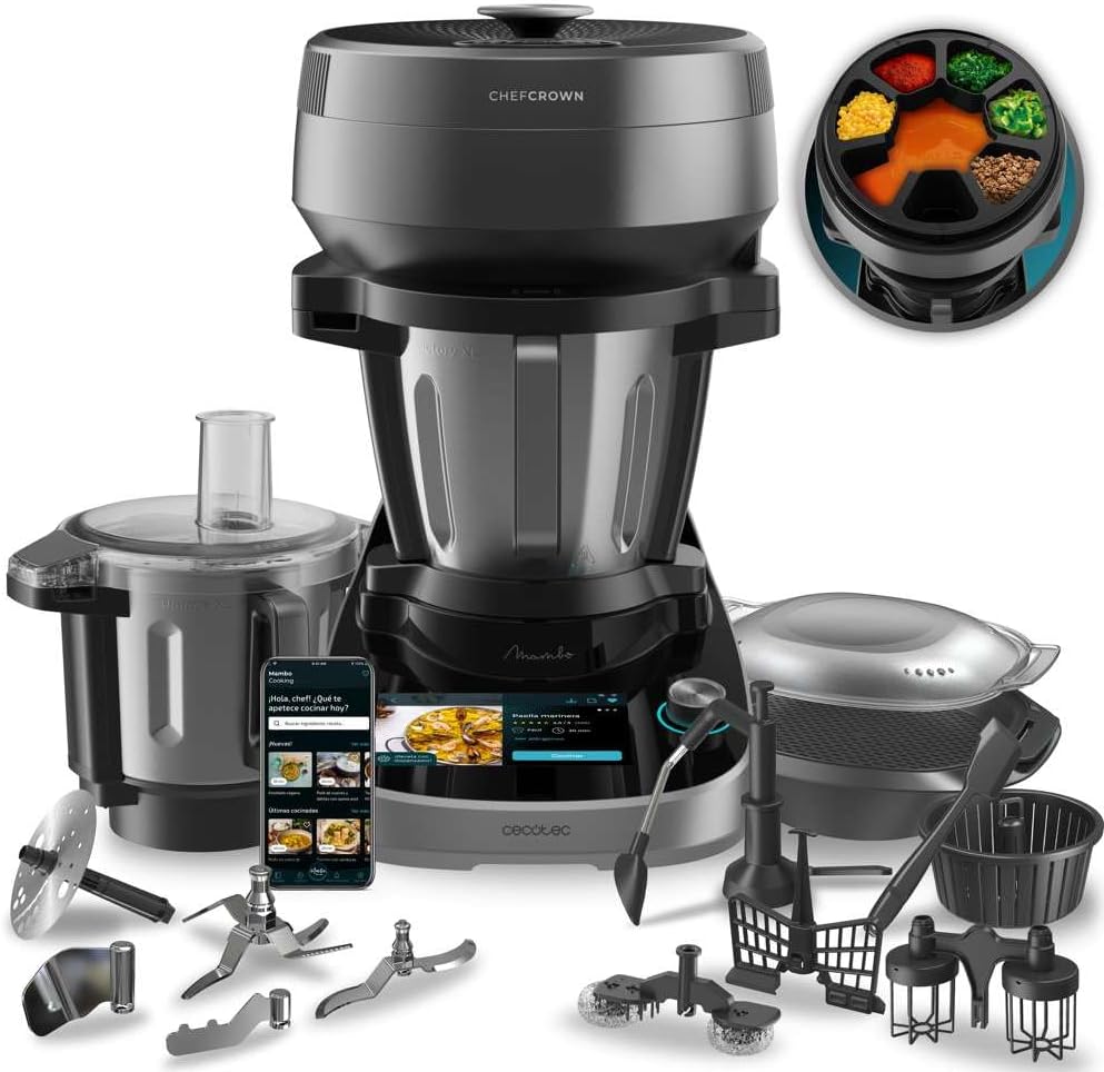 Cecotec Mambo Cooking Total Gourmet food processor with food dispenser. 2200 W, 45 functions, thousands of guided recipes, 5L Unique jug and 5L Victory jug, accessories