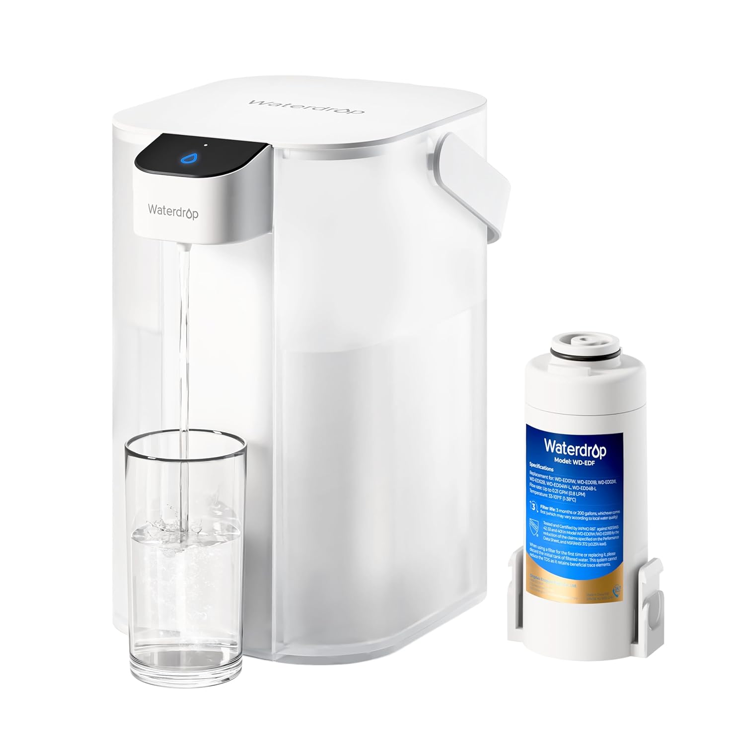 Waterdrop Instant Electric Water Filter Jug, 3.5 L, 3 Month Water Filter, Outdoor Drinking Water System, Reduces Chlorine, Lead, Mercury, PFAS, PFOA/PFOS, White (Does Not Reduce TDS