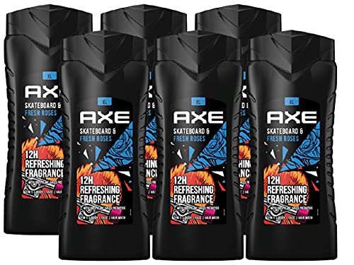 AXE 3-in-1 Shower Gel Shampoo Skateboard & Fresh Roses XL Shower Gel 6 x 400 ml Men Bodywash Shower Gel (Set of 6)