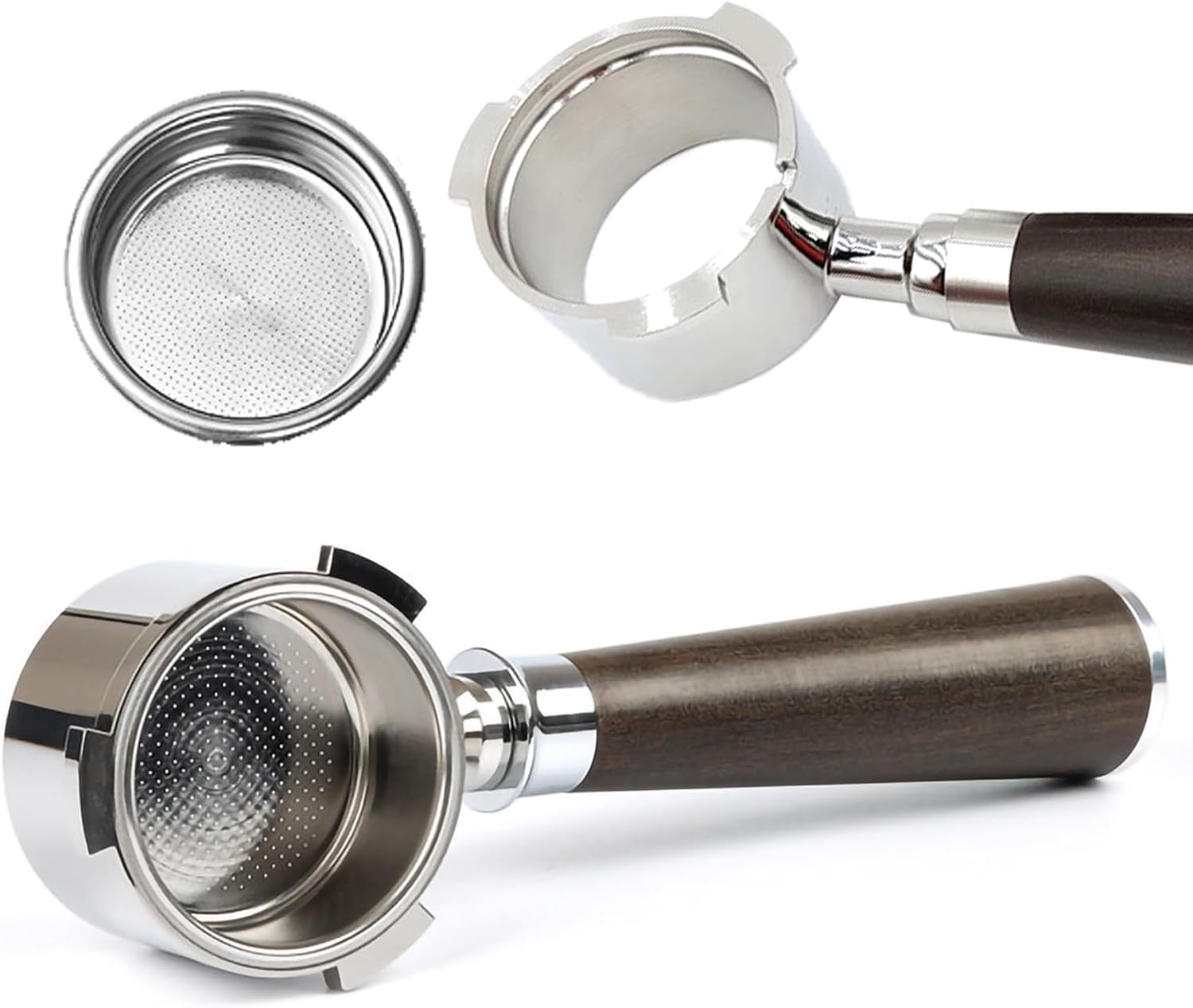 Davonpha 51 mm Bottomless Portafilter with 3 Ears for EC680/EC685/EC885 – Handle Made of High-Quality Black Rosewood and Stainless Steel Filter Basket (2-Compartment)