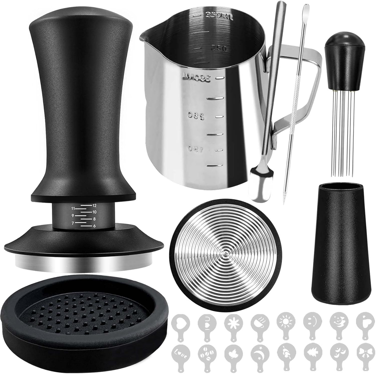 Coffee Tamper Set, 22 Pieces Espresso Tamper, Barista Accessories, Coffee Distributor with 51 mm Espresso Tamper, Espresso Mat, Coffee Stirrer, Mixing Spoon, Frothing Jug, Latte Art Pen and Decorative Stencils