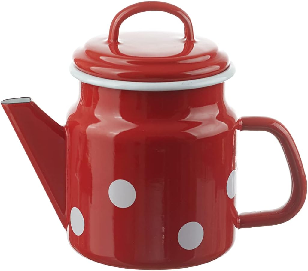Enamel - Teapot - Red with White Dots - Diameter 12 x Height 17 cm - 1 L