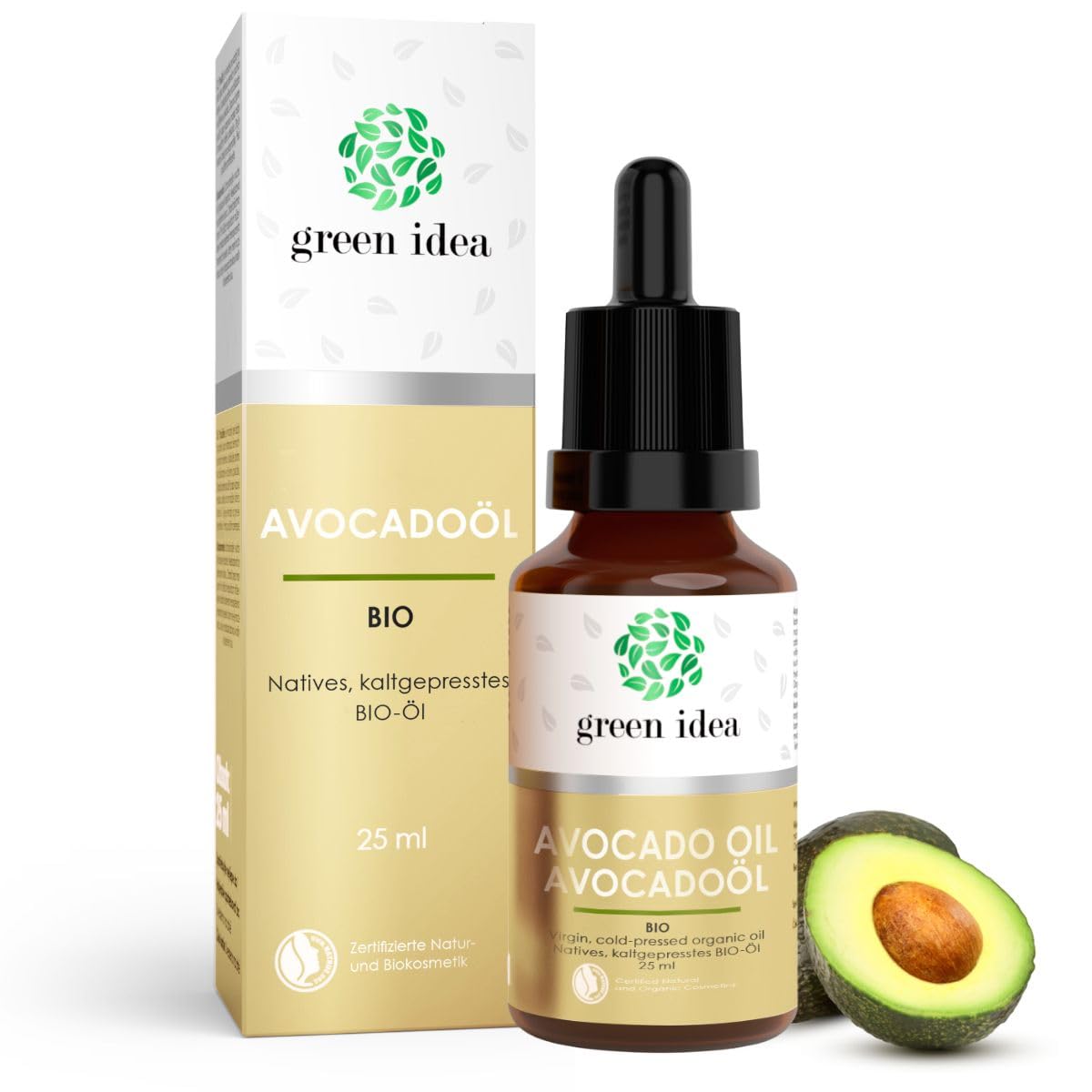 Green idea - Organic Avocado Oil Cold Pressed Face Oil for Skin, Hair and Face Glass Bottle with Pipette Natrue Certificate - Face Care Eye Care Vegan 25 ml