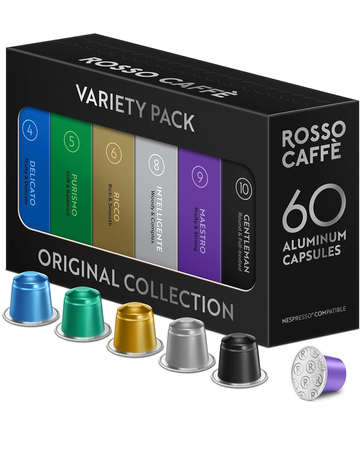 ROSSO CAFFÈ Nespresso Capsules 60 Pieces Aluminum, 6 Premium Espresso Varieties Mix Pack, Nespresso Compatible Coffee Capsules, Compatible with Original Capsule Machines