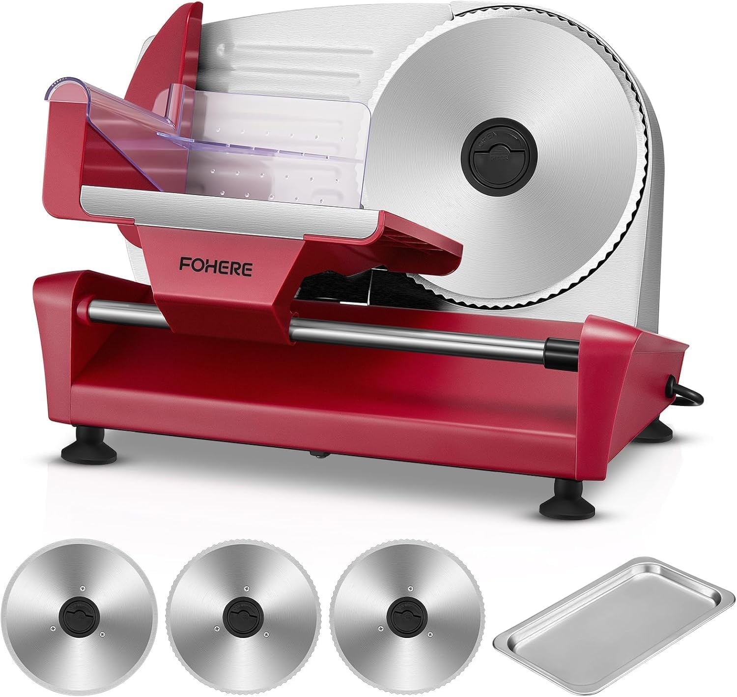 250 Watt Electric Stainless Steel Slicer, Bread Slicer, 3 Blades, Adjustable Food Processor, 0 to 15 mm, Sausage Slicer, Ham Cutter for Meat, Cheese, etc., Red