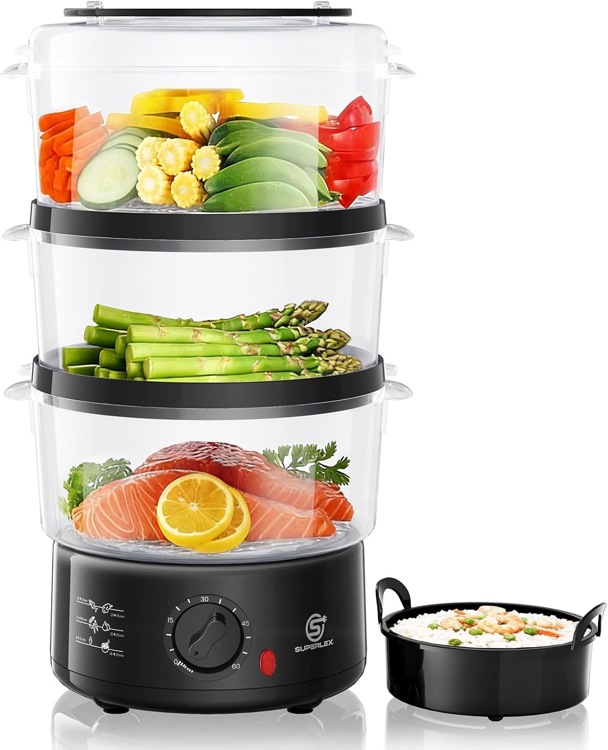 Electric Steamer 550 W with 3 Stackable Baskets (7.5 L), 60-Minute Timer & Boil Dry Protection - Food-Safe Gloss Cooker for Healthy Kitchen