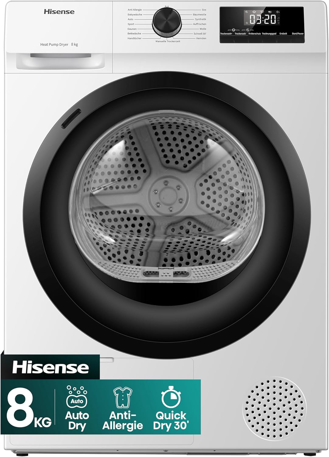 Hisense DHQE800BW2, 8 kg, Condensation with Heat Pump, 15 Programmes, Moisture Sensor, Anti Crease, TwinAir, Black/White, Energy Efficiency Class D