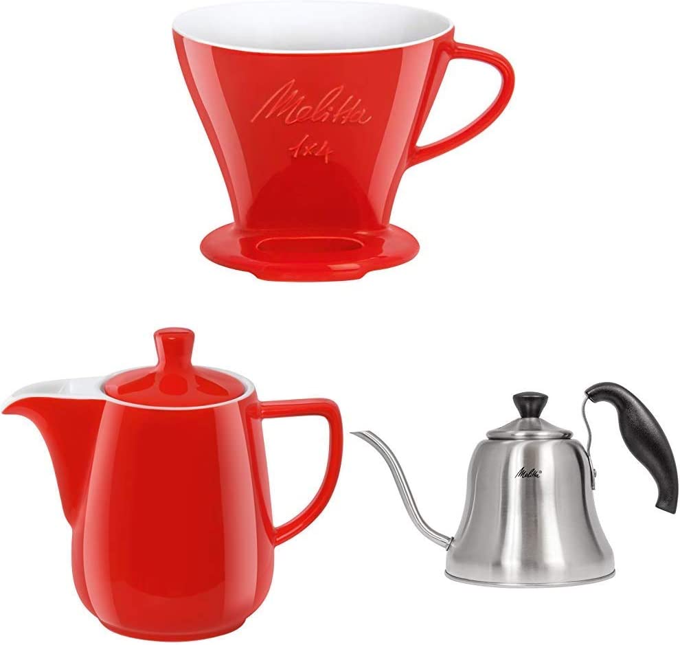 Melitta 219032 Filter Porcelain Coffee Filter + 219094 Porcelain Coffee Pot + Hand Brewing Kettle with Gooseneck Spout