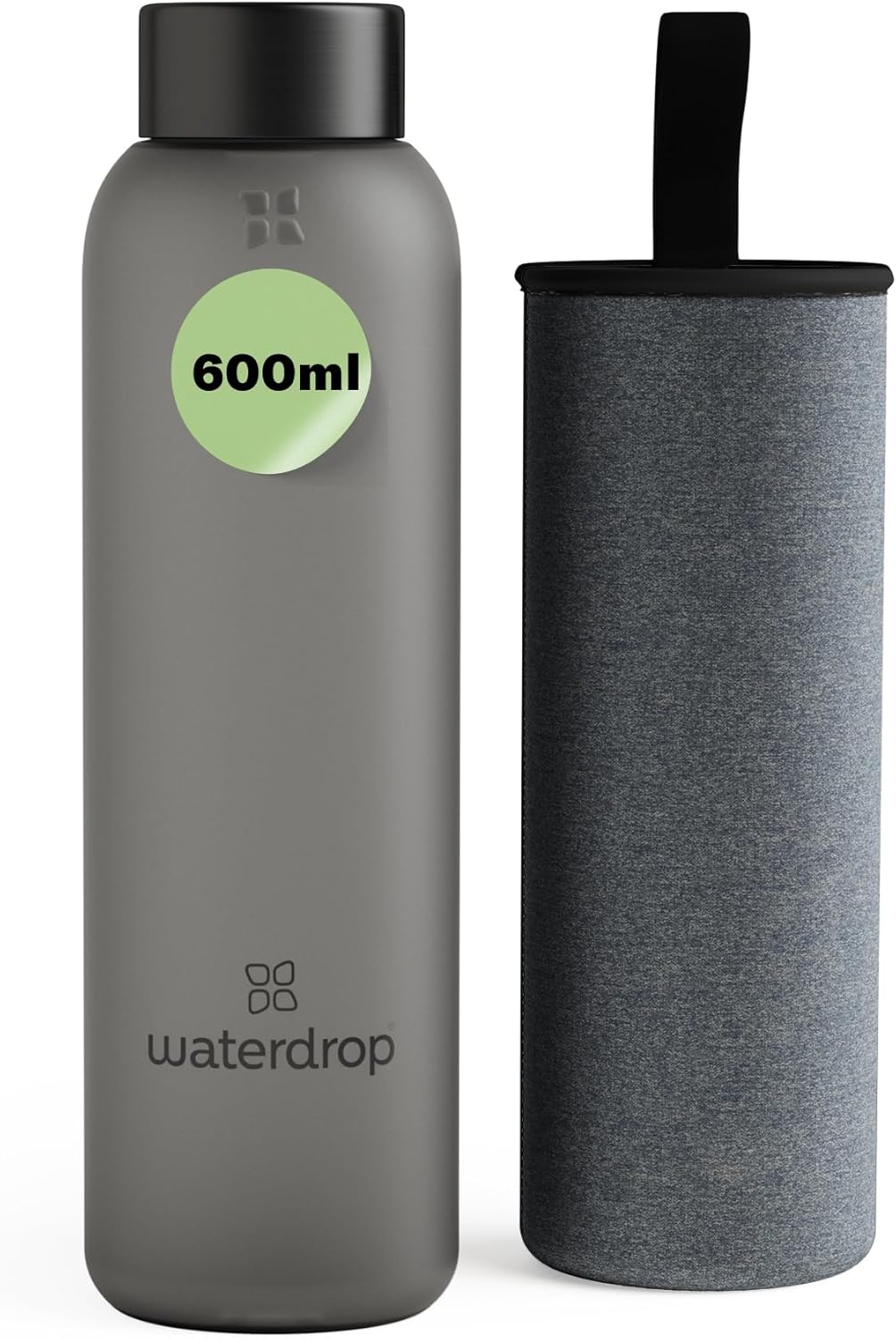 Waterdrop® Edition Glass Bottle 600 ml Leak-Proof Drinking Bottle Suitable for Carbonated Drinks, BPA-Free Water Bottle incl. Neoprene Case, Dishwasher Safe, Lightweight Borosilicate Glass Bottle