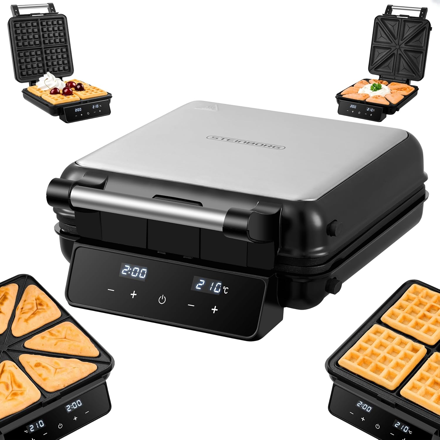 Steinborg 2-in-1 Waffle Iron & Sandwich Maker Belgian Waffles - Electric Waffle Iron with Touch Panel & LED Display, Removable Non-Stick Plates & Dishwasher Safe for Waffles & Sandwiches