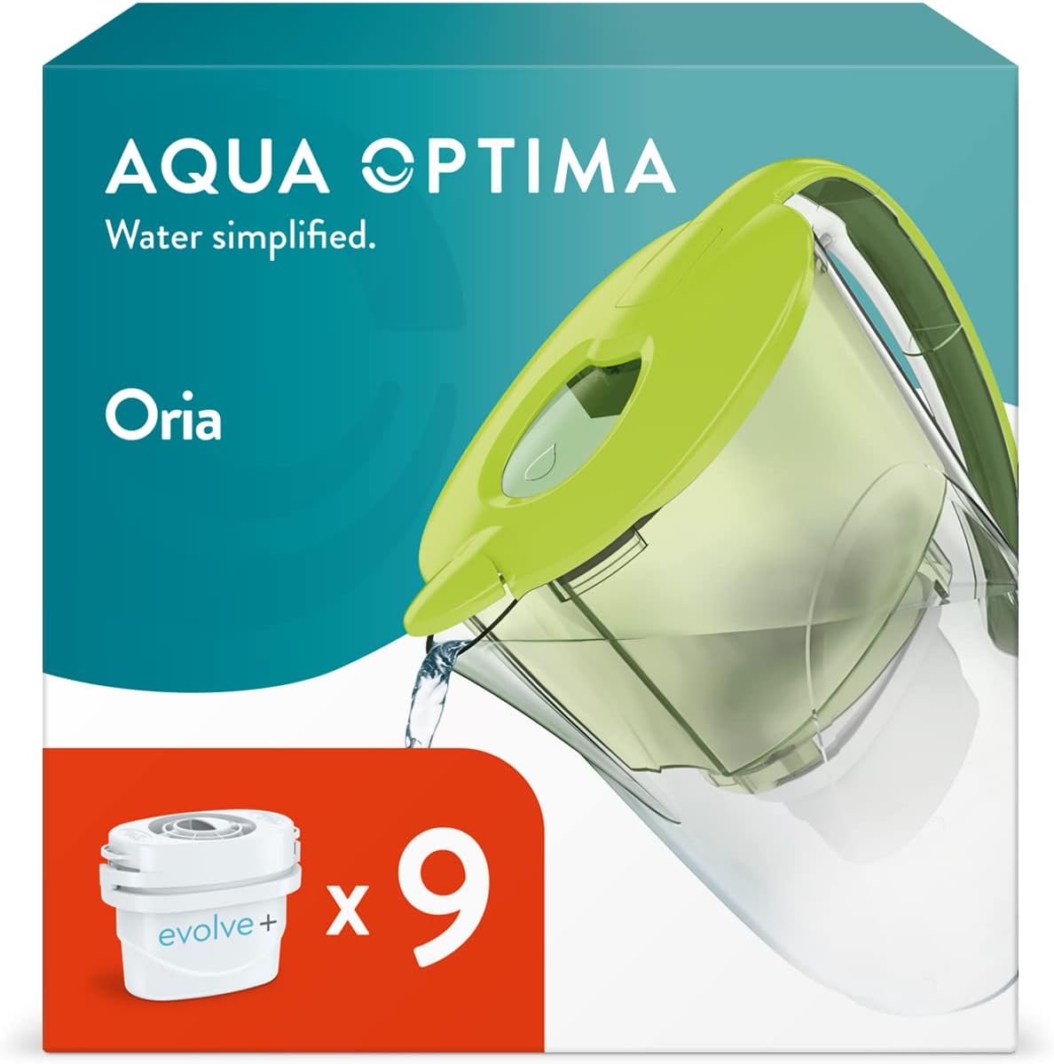 Aqua Optima Oria Water Filter Jug & 9 x 30 Day Evolve+ Water Filter Cartridge, 2.8 Liter Capacity, to Reduce Microplastic, Chlorine, Limescale and Impurities, Green