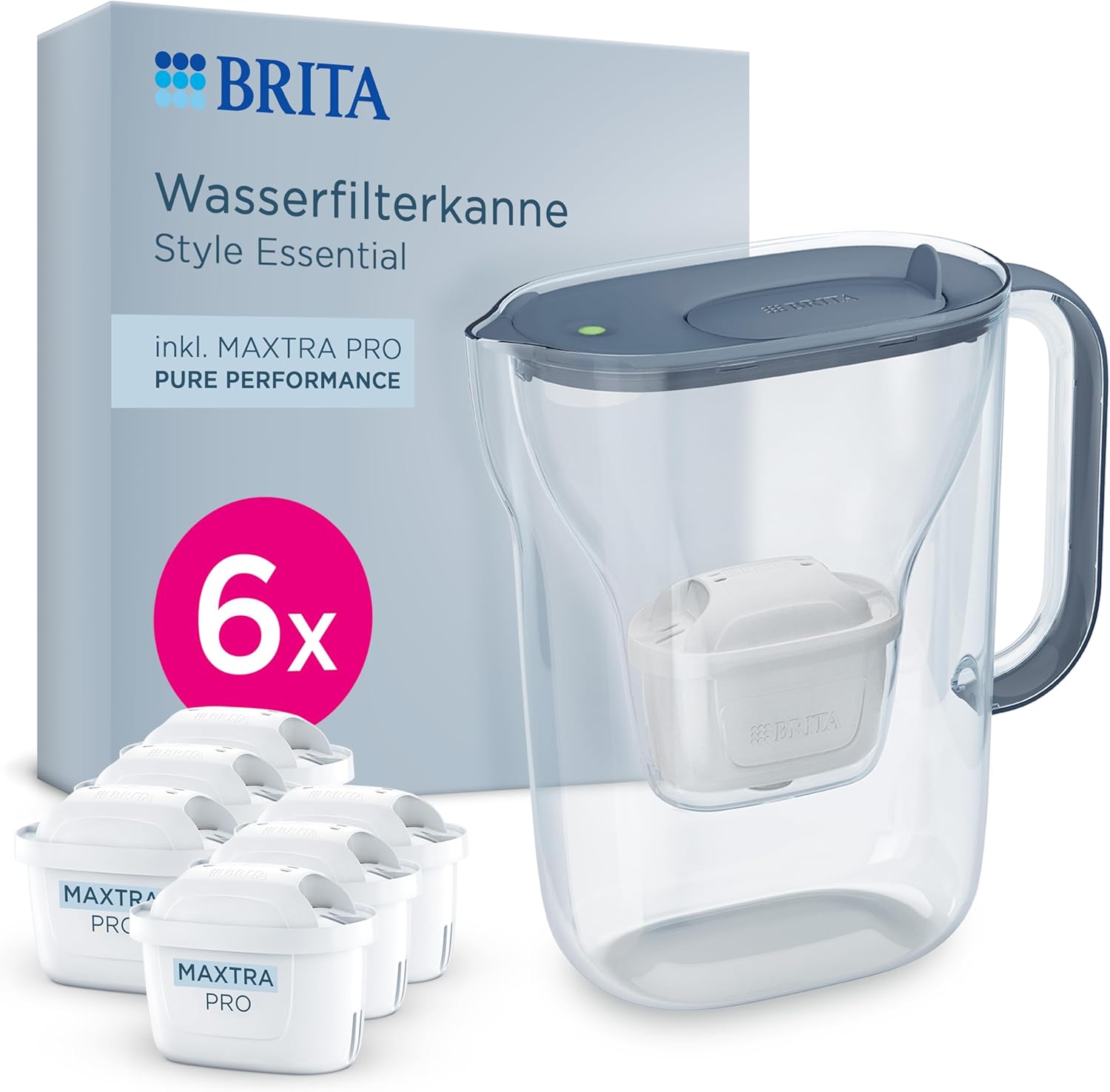 BRITA Style Essential Water Filter Jug Stone Blue (2.4L) Including 6x Brita Maxtra Pro Pure Performance - Jug with Smart Light LED & Hinged Lid Fits in the Fridge, Filters Impurities etc.