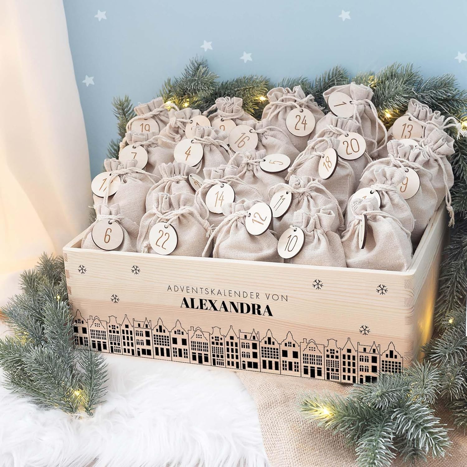 Personalized Advent Box - Wooden Advent Calendar with Name - Engraving Calendar DIY - Christmas Calendar for Children - Hello Mini (City)