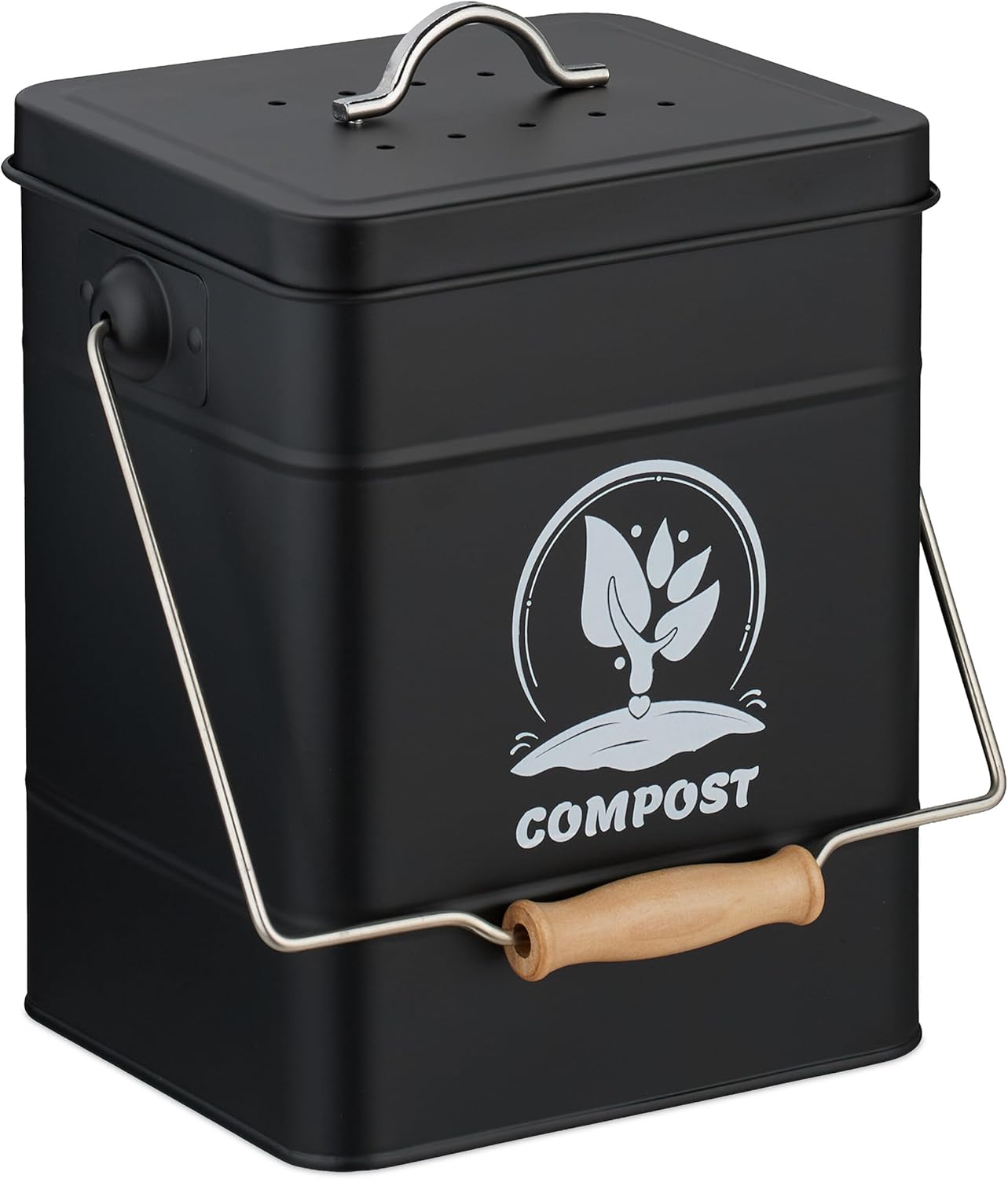 Relaxdays Kitchen Compost Bin, 6 Liters, Small Bin, Lid and Odor Filter, Metal, Waste Bin, Organic Waste, Black