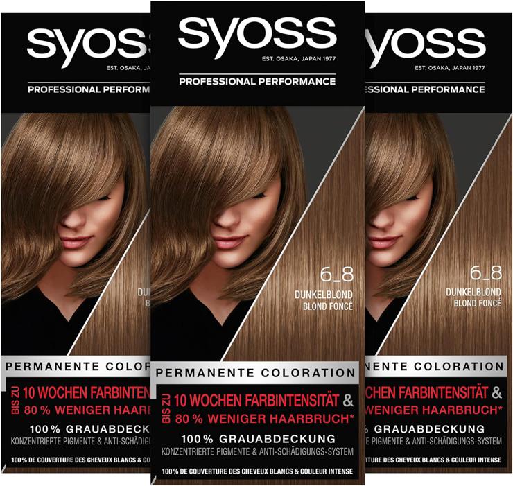 Syoss Color Coloration Hair Dye, 6_8 Dark Blonde Level 3 (3x 115 ml), Permanent Coloration for up to 10 Weeks of Color Intensity and 70% Less Hair Breakage*