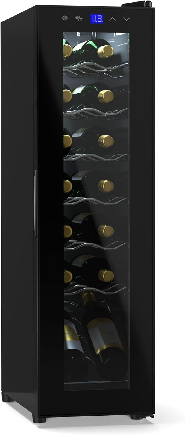 Klarstein Wine Refrigerator, 1 Zone Drinks Fridge with Glass Door, Quiet Indoor/Outdoor Fridge, 41 L Bottle Refrigerator, Small, Wine Cabinet for Drinks, Wine Cooler for 14 Bottles