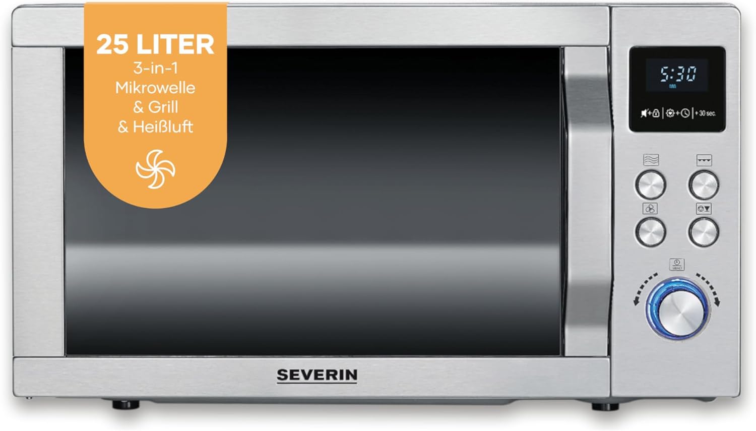 SEVERIN MW 7774 Microwave with Grill and Hot Air Function 3-in-1 for Defrosting, Cooking and Heating, Microwave with Turntable, Brushed Stainless Steel/Silver