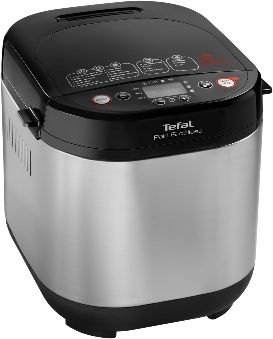 Tefal Pain & Délices PF240E Bread Maker, 20 Baking Programs, 3 Bread Sizes and Browning Levels, Also for Cakes, Pizza, Pasta Dough, Non-Stick Baking Mould, Black/Stainless Steel