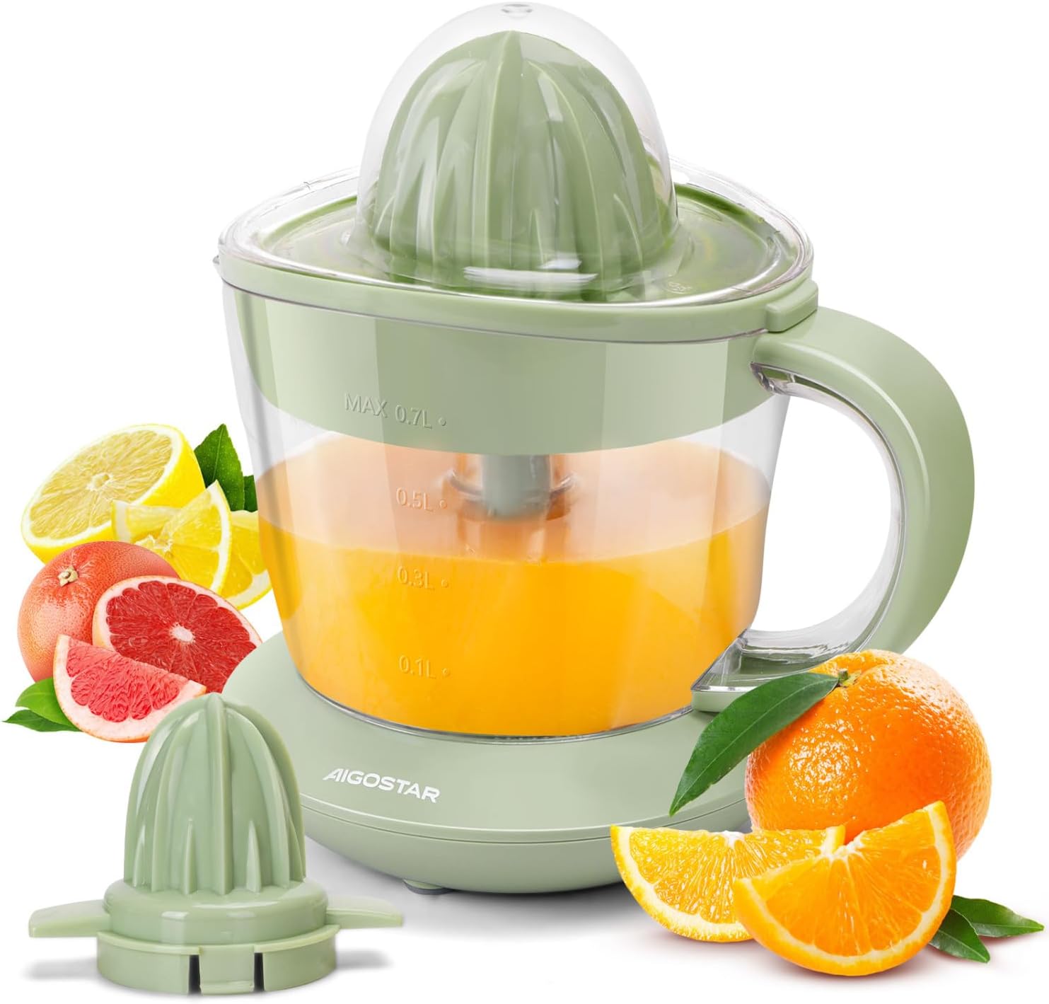 Aigostar Electric Juicer with 2 Cones, Orange Juicer 40 Watts, Citrus Press 0.7 Liters, 2 Rotation Directions, High Juice Yield, Drip-Proof Spout, BPA-Free (Green)