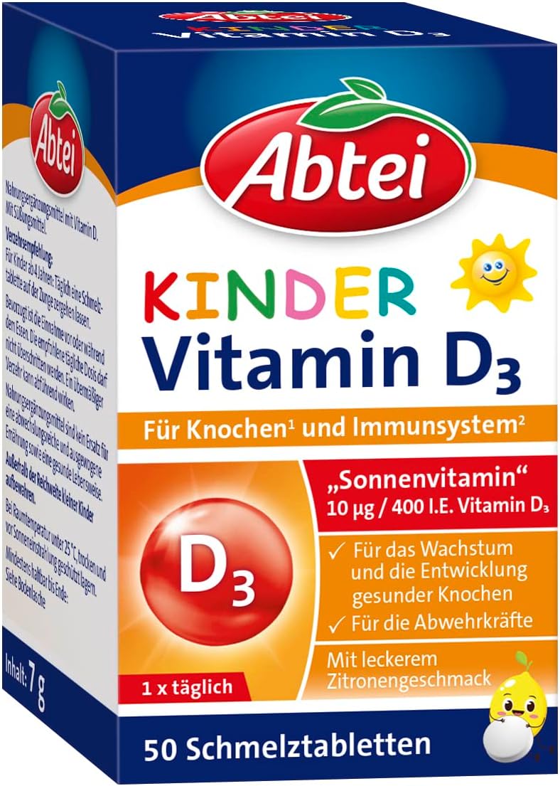 Abtei Children\'s Vitamin D3 - for the Bone and Immune System of Children - Gluten Free, Lactose Free, Suitable for Vegetarians - With Lemon Flavor - 50 Omelting Tablets