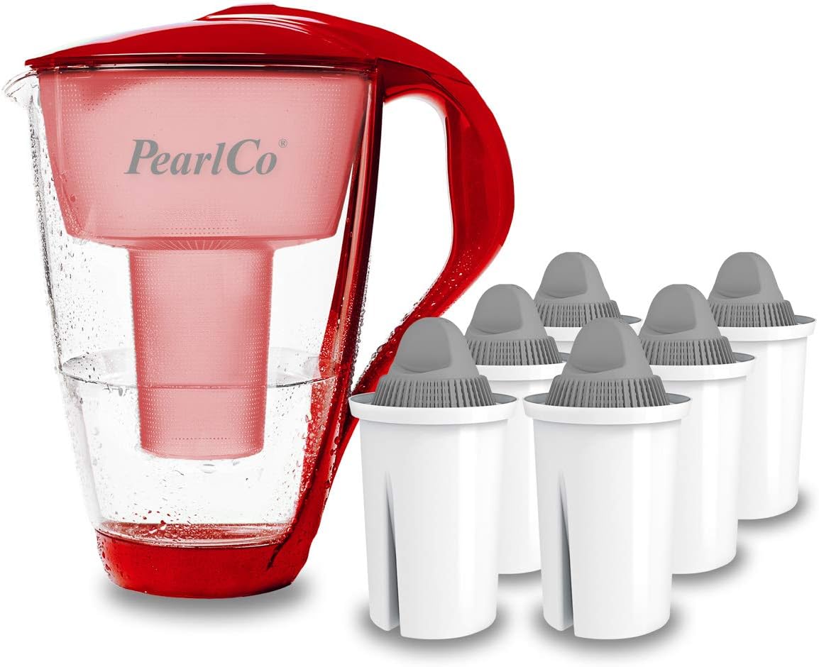 PearlCo Glass Water Filter (Red) with 6 Protect+ Classic Filter Cartridges (for Hard Water) - Made in EU