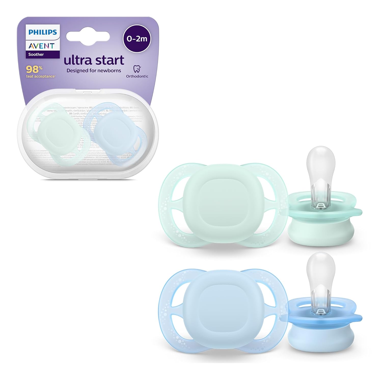 Philips Avent Ultra Start Pacifier, orthodontic pacifier for newborns aged 0-2 months, BPA-free, with sterilization/transport container, twin pack, purple/orange, SCF075/02