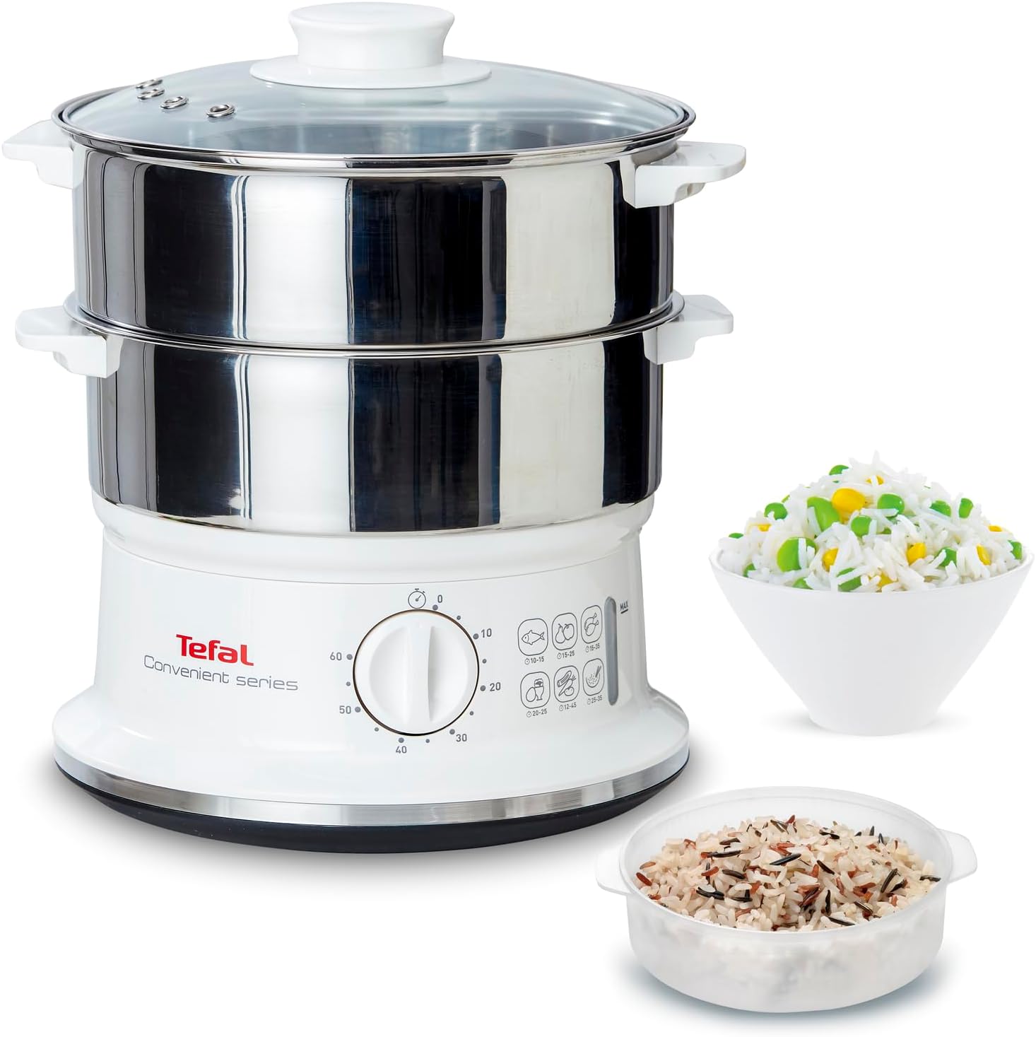 Tefal electric steamer, 2 stainless steel containers, 6L capacity, 24cm diameter steamer, timer and automatic shut-off, 900W, white, VC1451