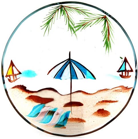Village Candle VC172 Round Tray with Beach Motif 12 cm, Glass, Clear/Blue/Green/Brown, 11.7 x 11.1 x 1.7 cm