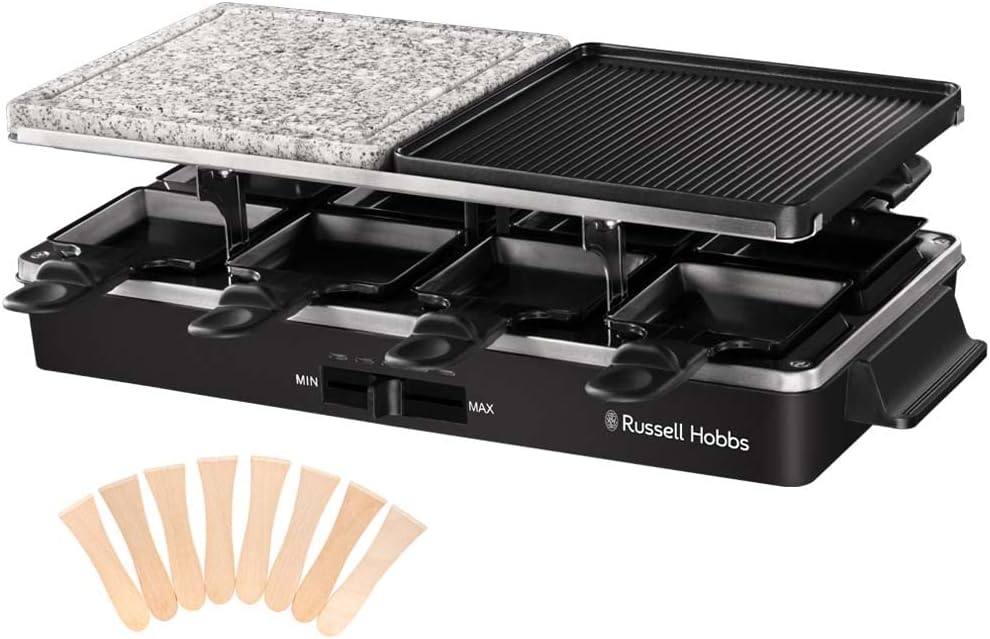 Russell Hobbs Raclette Grill for 8 People (Including 8 Pans and Wooden Spatula, 2 Table Grill Plates: Natural Stone with Juice Groove and Non-Stick Coated Ribbed Reversible Plate/Teppanyaki) Pizza